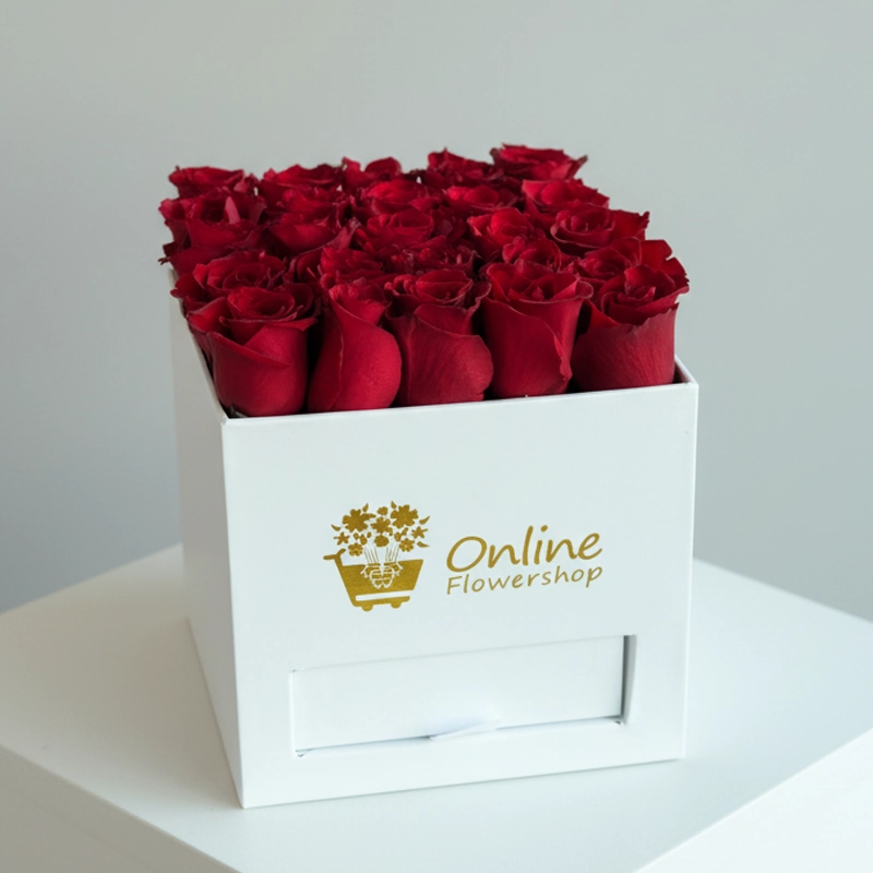 25 Red Roses in White Square Box